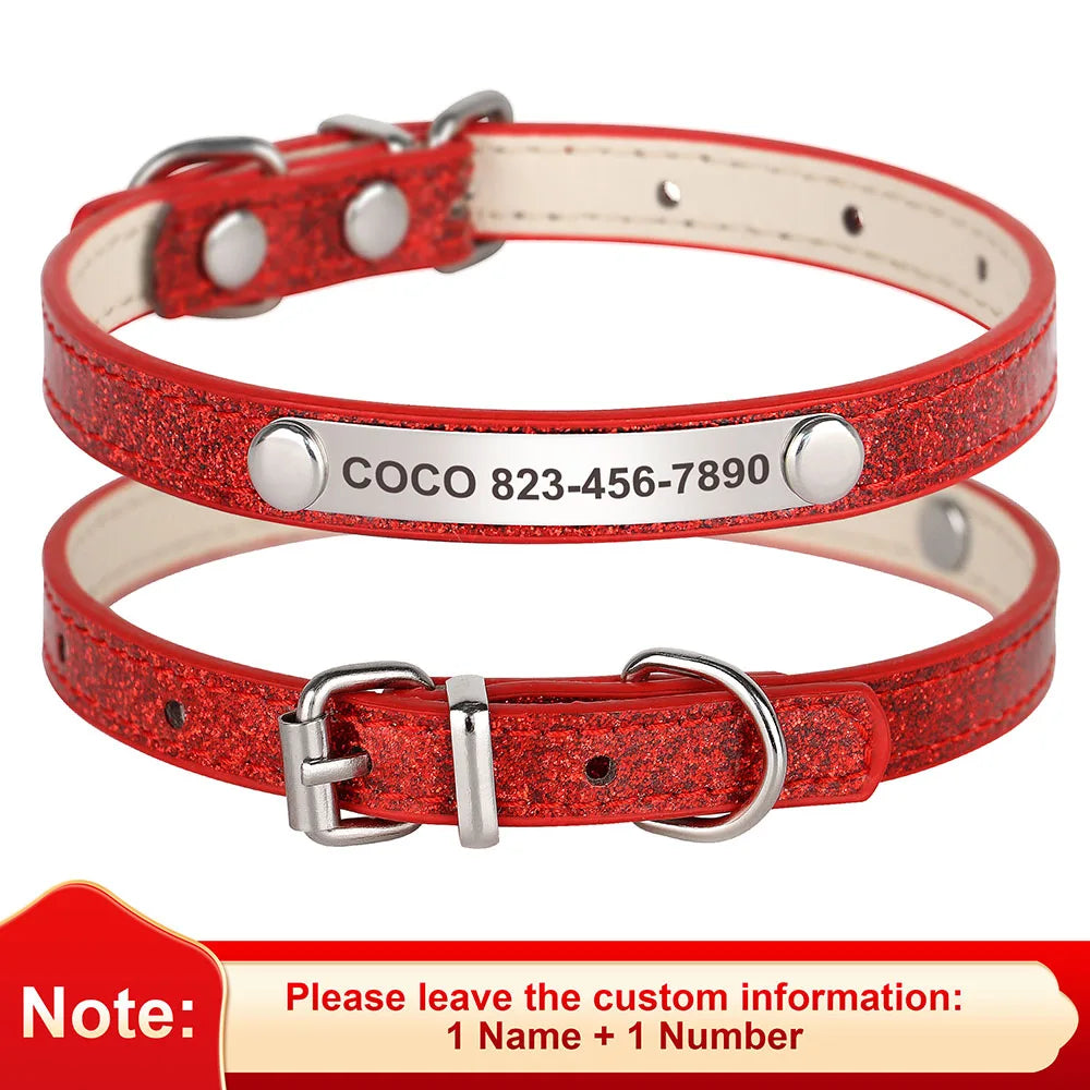 Personalized Bling Cat Collar – Leather with Engraved ID Nameplate