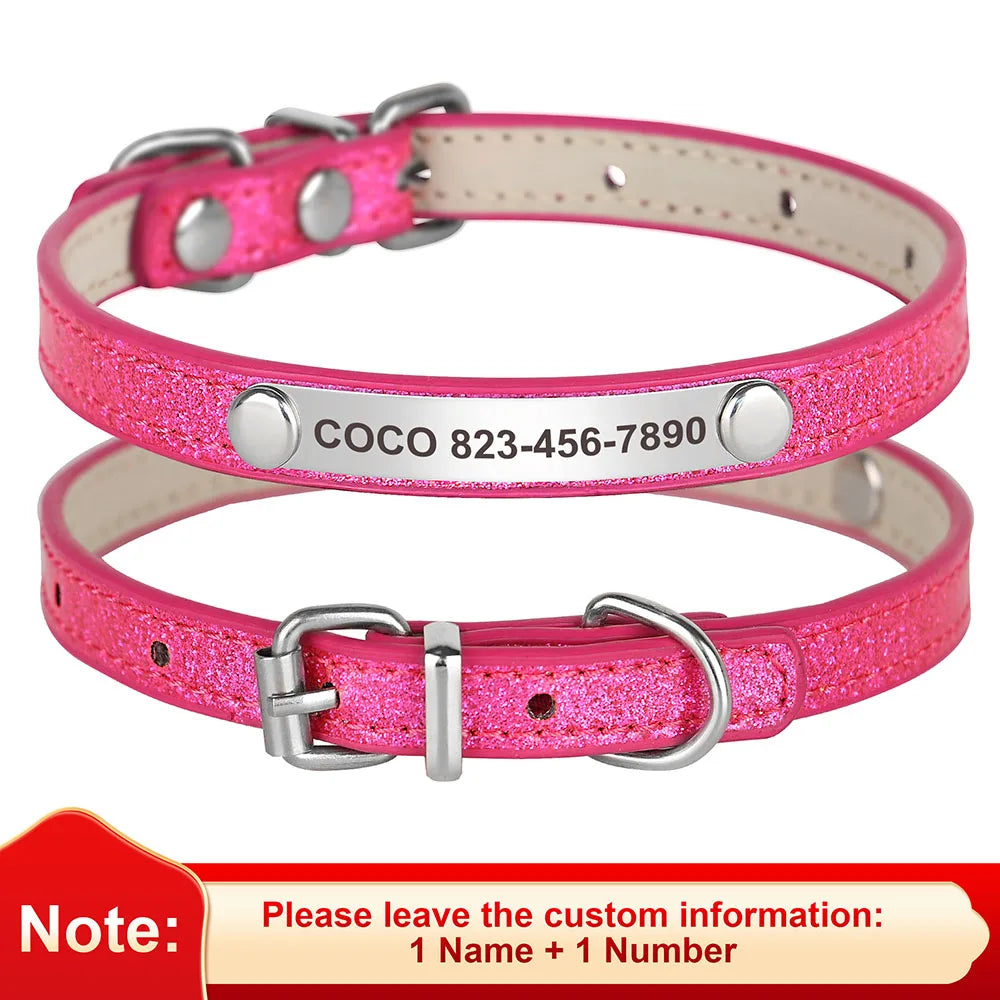 Personalized Bling Cat Collar – Leather with Engraved ID Nameplate