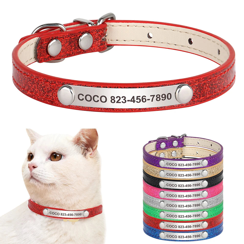 Personalized Bling Cat Collar – Leather with Engraved ID Nameplate