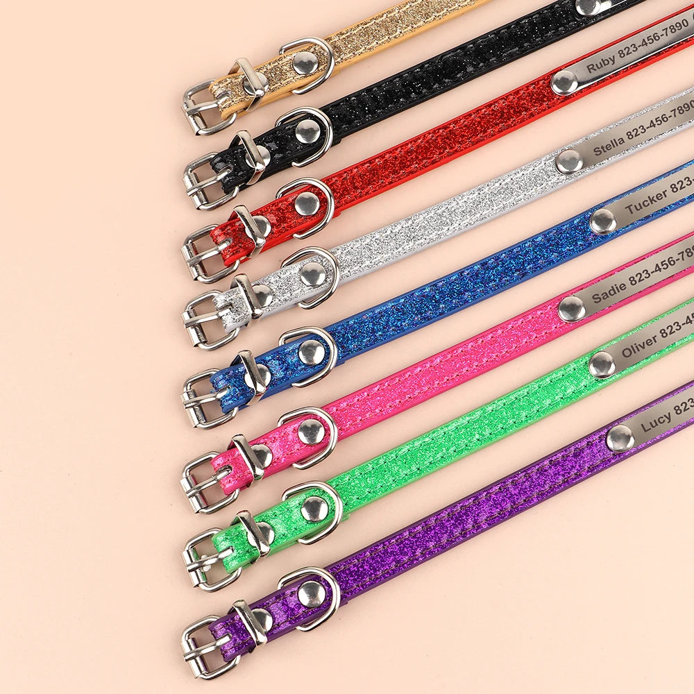 Personalized Bling Cat Collar – Leather with Engraved ID Nameplate