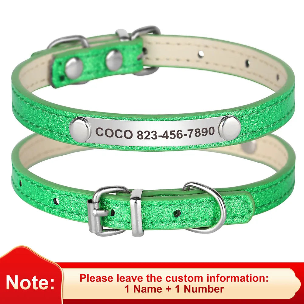 Personalized Bling Cat Collar – Leather with Engraved ID Nameplate