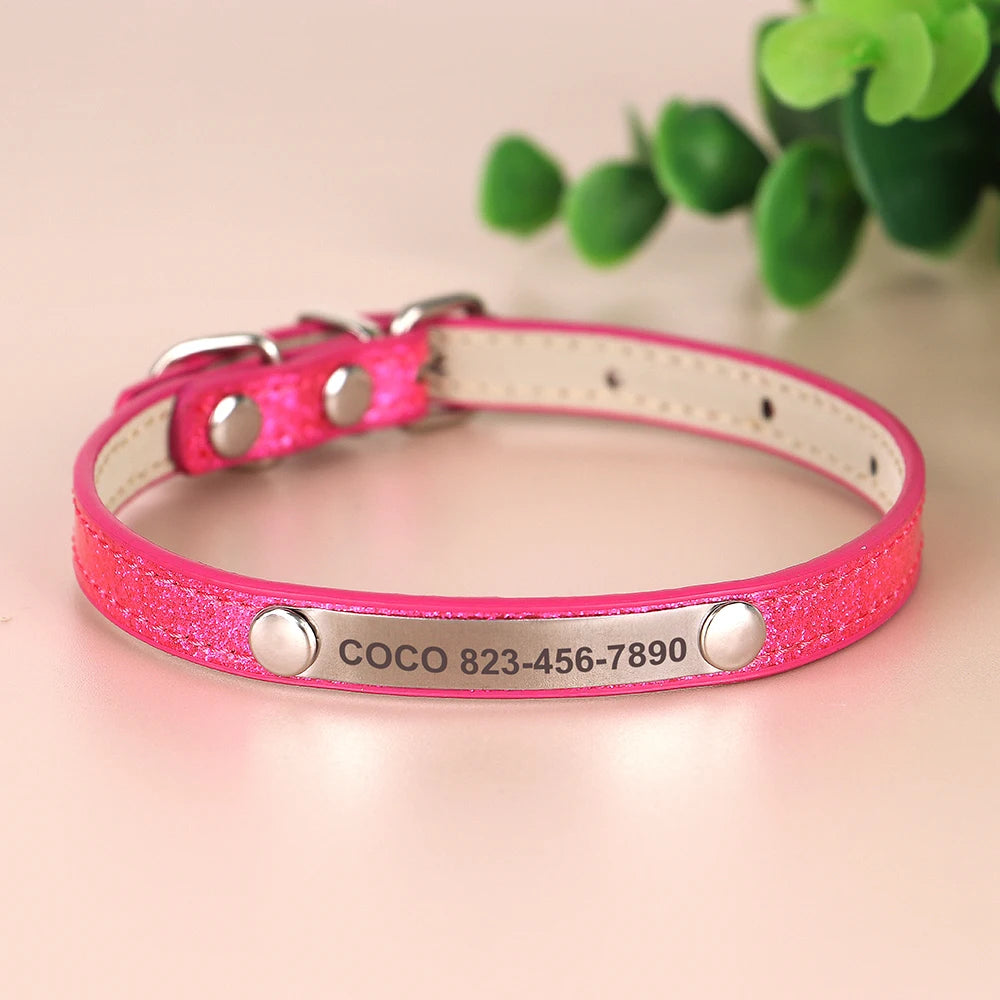 Personalized Bling Cat Collar – Leather with Engraved ID Nameplate