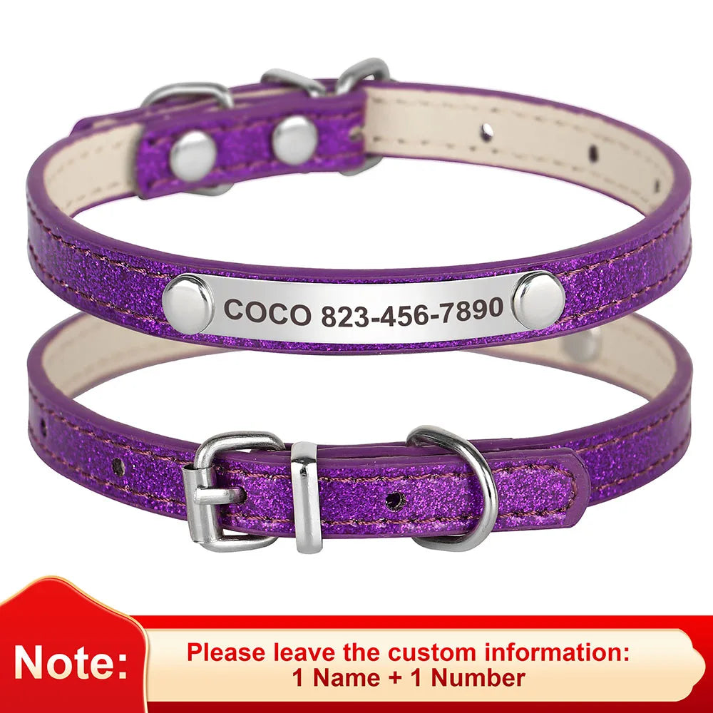Personalized Bling Cat Collar – Leather with Engraved ID Nameplate