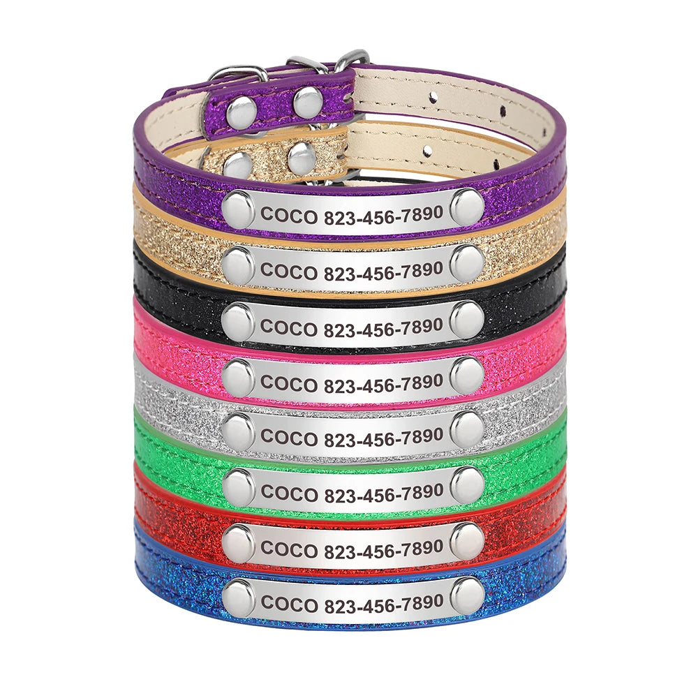 Personalized Bling Cat Collar – Leather with Engraved ID Nameplate