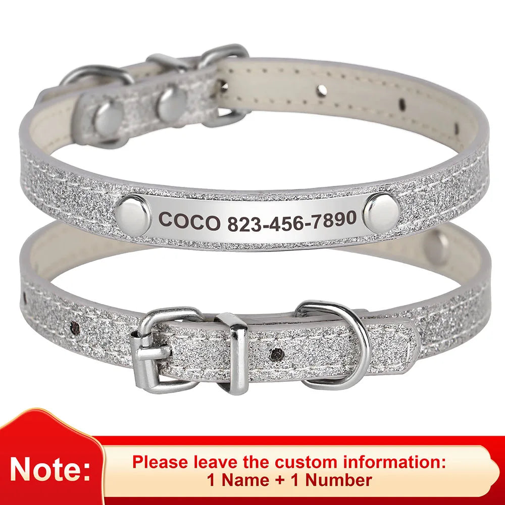 Personalized Bling Cat Collar – Leather with Engraved ID Nameplate