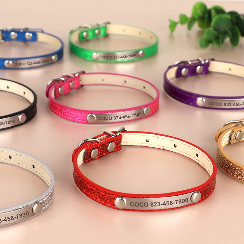 Personalized Bling Cat Collar – Leather with Engraved ID Nameplate