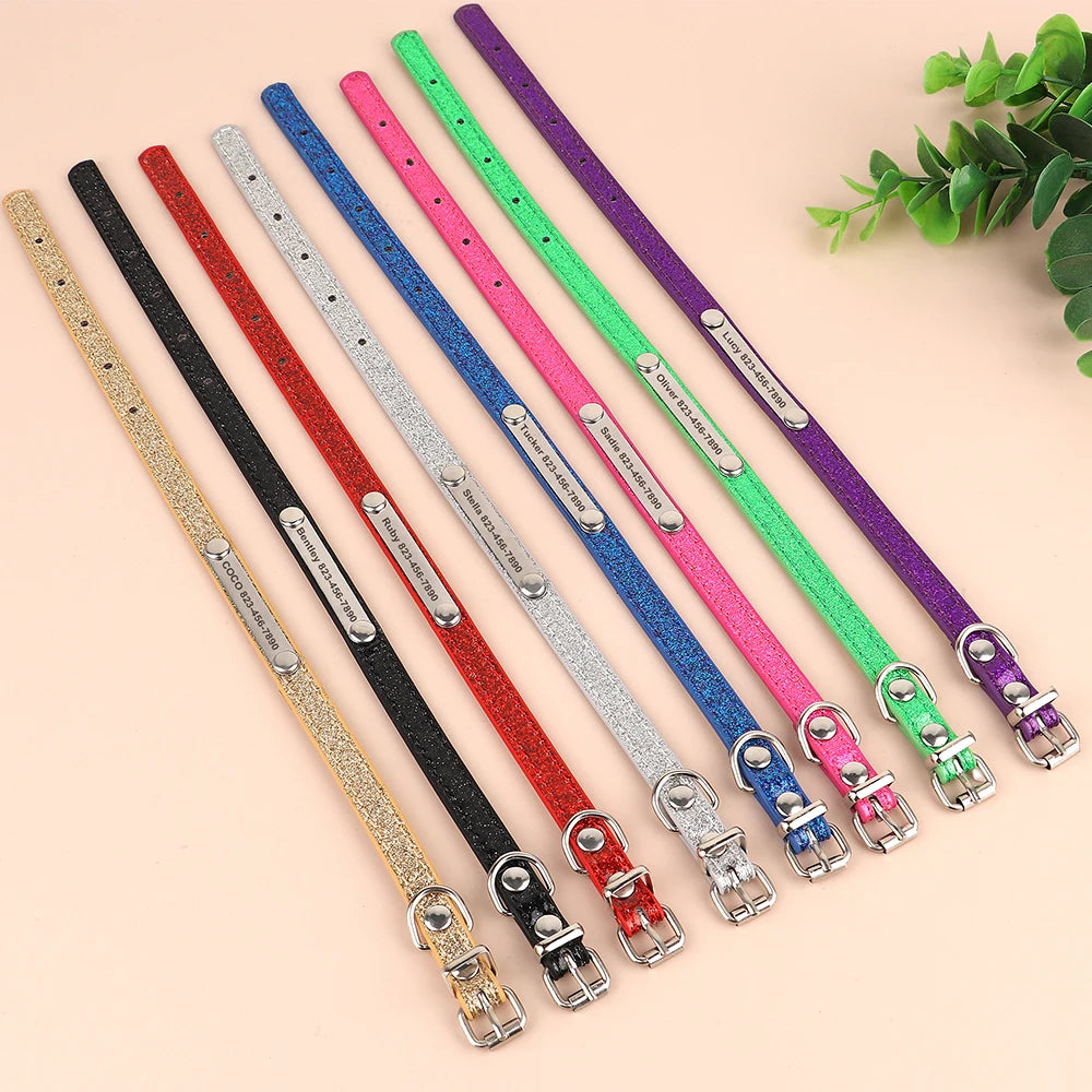 Personalized Bling Cat Collar – Leather with Engraved ID Nameplate