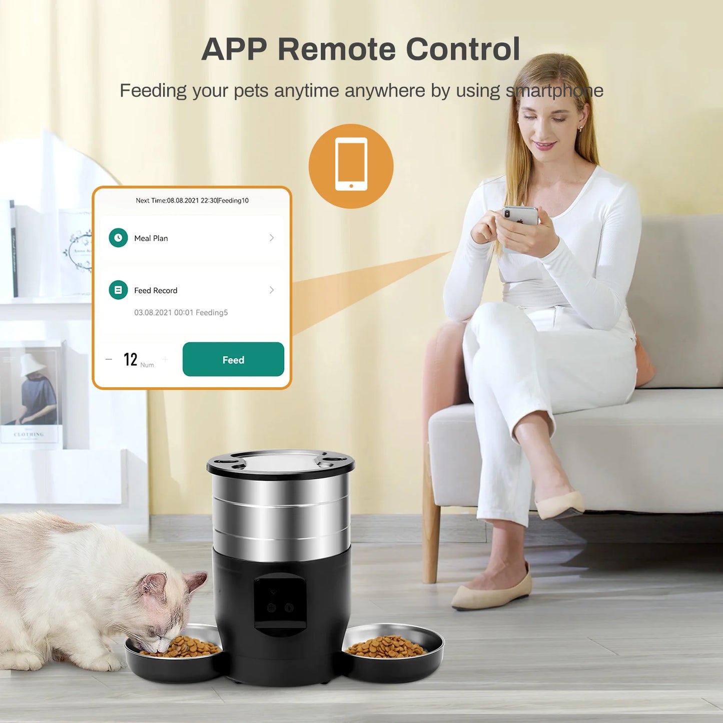 Smart WiFi Automatic Pet Feeder – 4.5L Food Dispenser with Stainless Steel Bowls | App-Controlled Cat & Dog Feeder for Scheduled, Portion-Controlled Meals