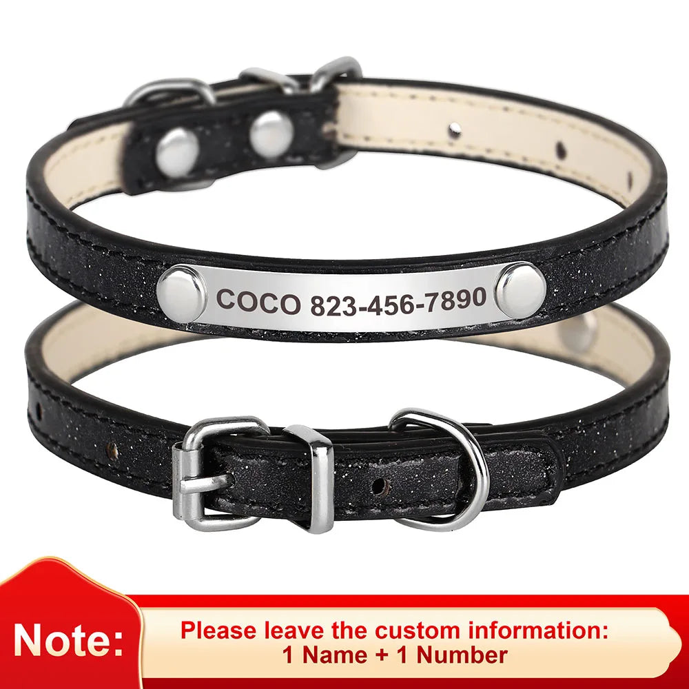 Personalized Bling Cat Collar – Leather with Engraved ID Nameplate