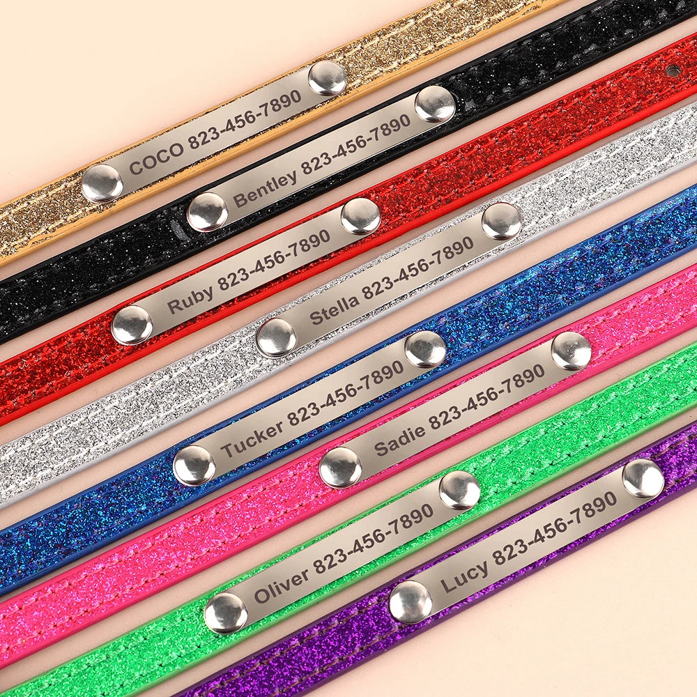 Personalized Bling Cat Collar – Leather with Engraved ID Nameplate