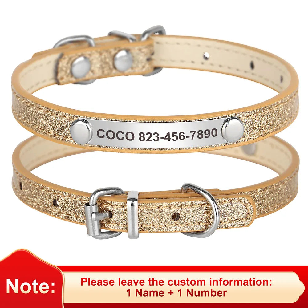 Personalized Bling Cat Collar – Leather with Engraved ID Nameplate