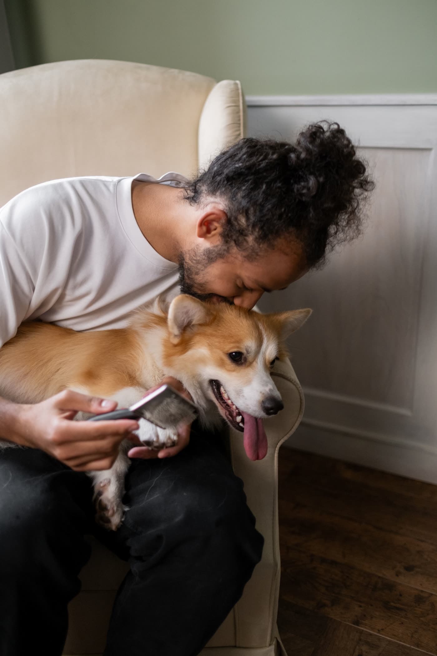 Un tutor cepilla a su perro en casa