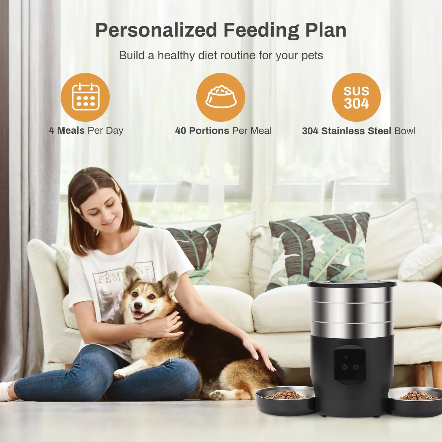 Smart WiFi Automatic Pet Feeder – 4.5L Food Dispenser with Stainless Steel Bowls | App-Controlled Cat & Dog Feeder for Scheduled, Portion-Controlled Meals