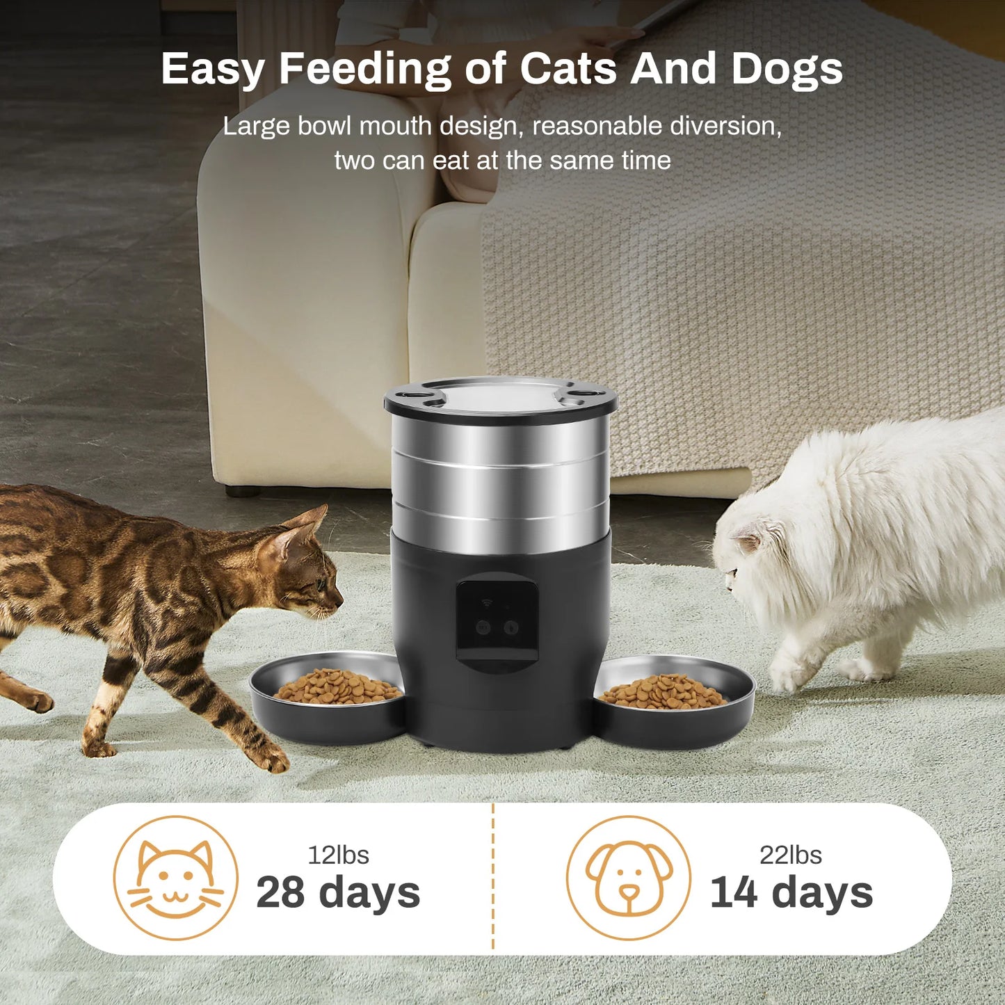 Smart WiFi Automatic Pet Feeder – 4.5L Food Dispenser with Stainless Steel Bowls | App-Controlled Cat & Dog Feeder for Scheduled, Portion-Controlled Meals