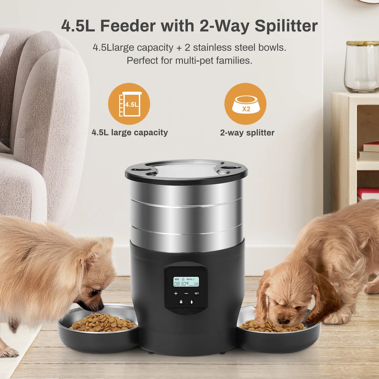 Smart WiFi Automatic Pet Feeder – 4.5L Food Dispenser with Stainless Steel Bowls | App-Controlled Cat & Dog Feeder for Scheduled, Portion-Controlled Meals