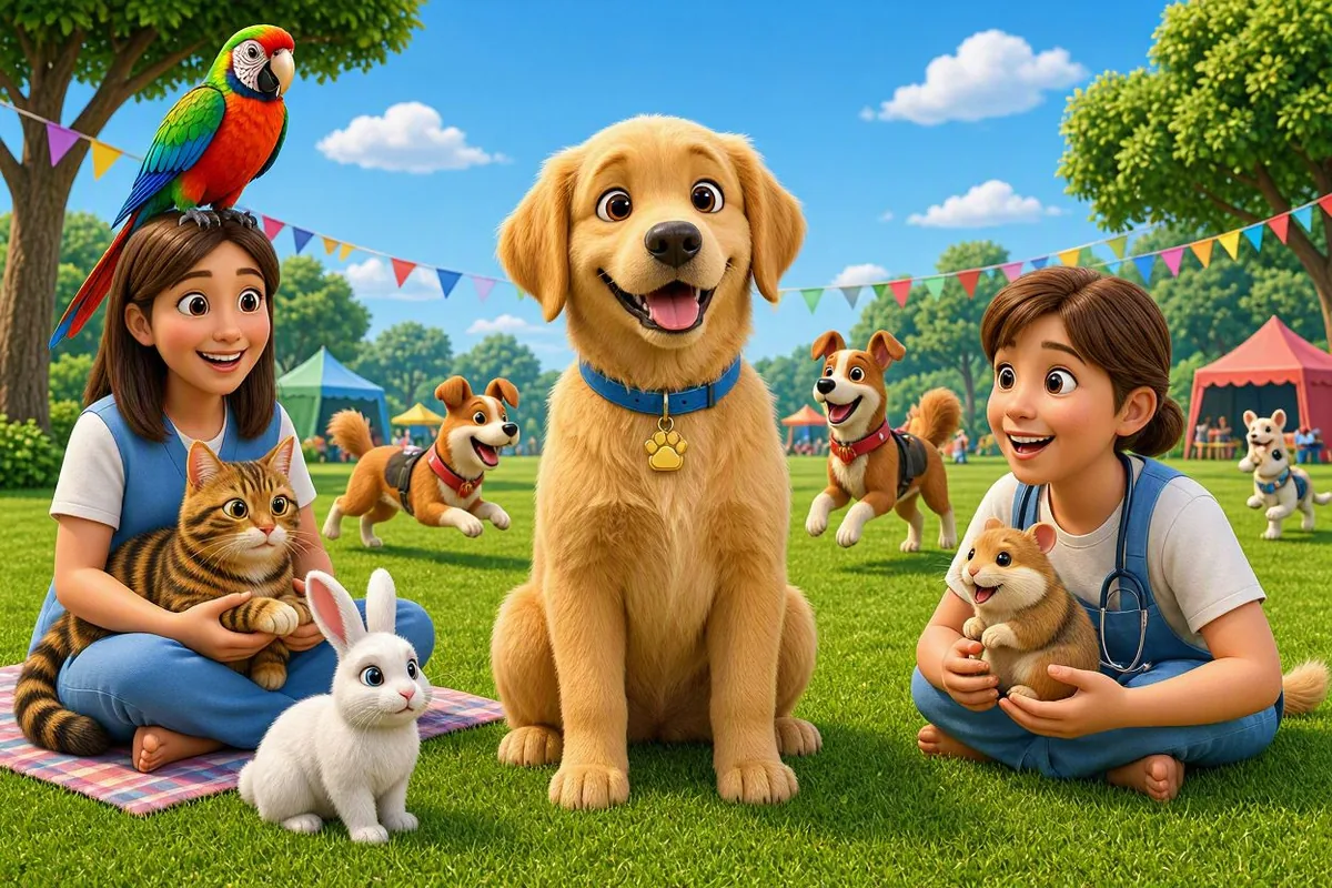 Un encuentro de mascotas en un parque, con banderines y toldos: Max al centro, un loro, un gato atigrado, un conejo, un hámster y perros jugando con sus tutores