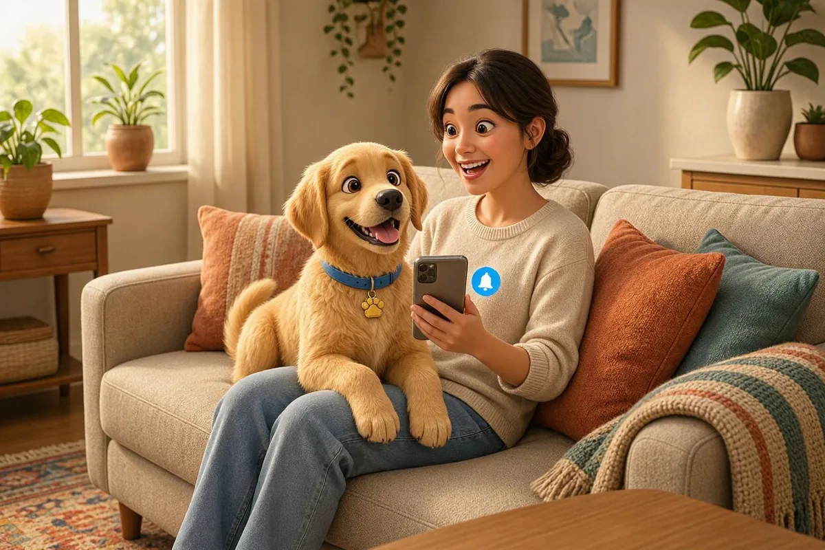 Una tutora en el sofá de su living mira sonriendo el aviso de la vacuna en su teléfono, con Max, el golden de PetsLovers, apoyado en su falda