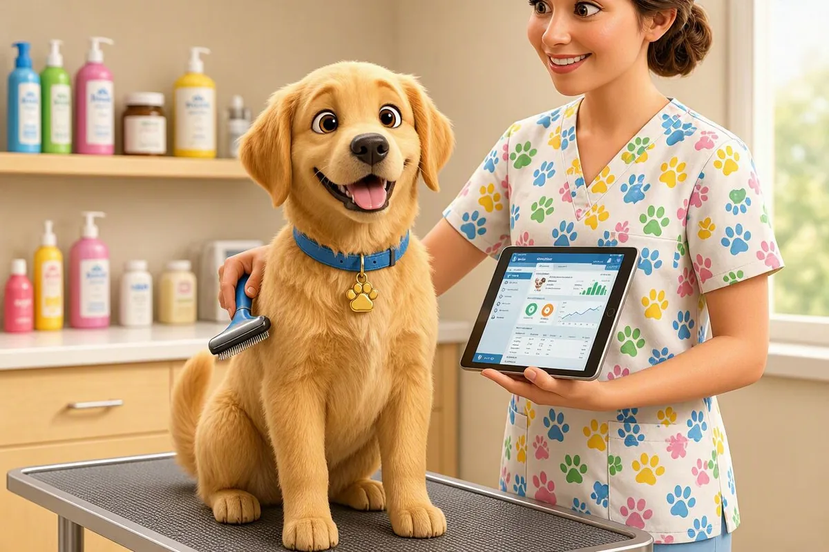 Una peluquera canina con uniforme de huellitas de colores cepilla a Max, el golden de PetsLovers, mientras mira en su tablet una reserva nueva