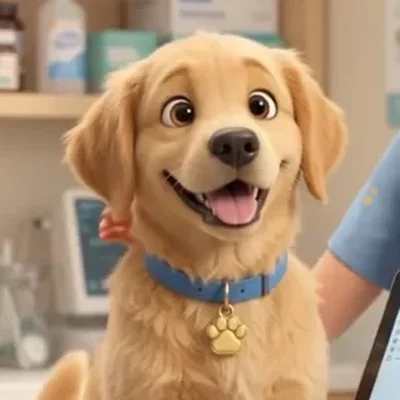 Max, un golden retriever joven de collar azul con placa en forma de huella