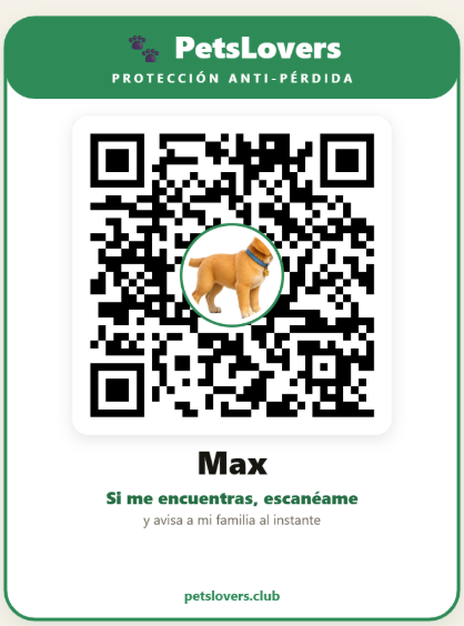 Ejemplo de la placa: el QR con la foto de la mascota al centro, su nombre y la marca PetsLovers.